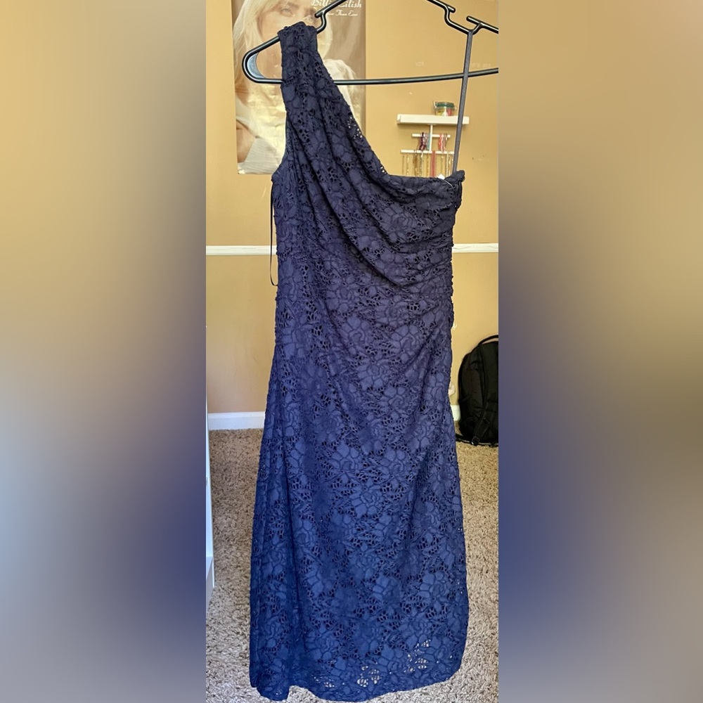 Lauren by Ralph Lauren one shoulder fitted lace cocktail dress Navy blue